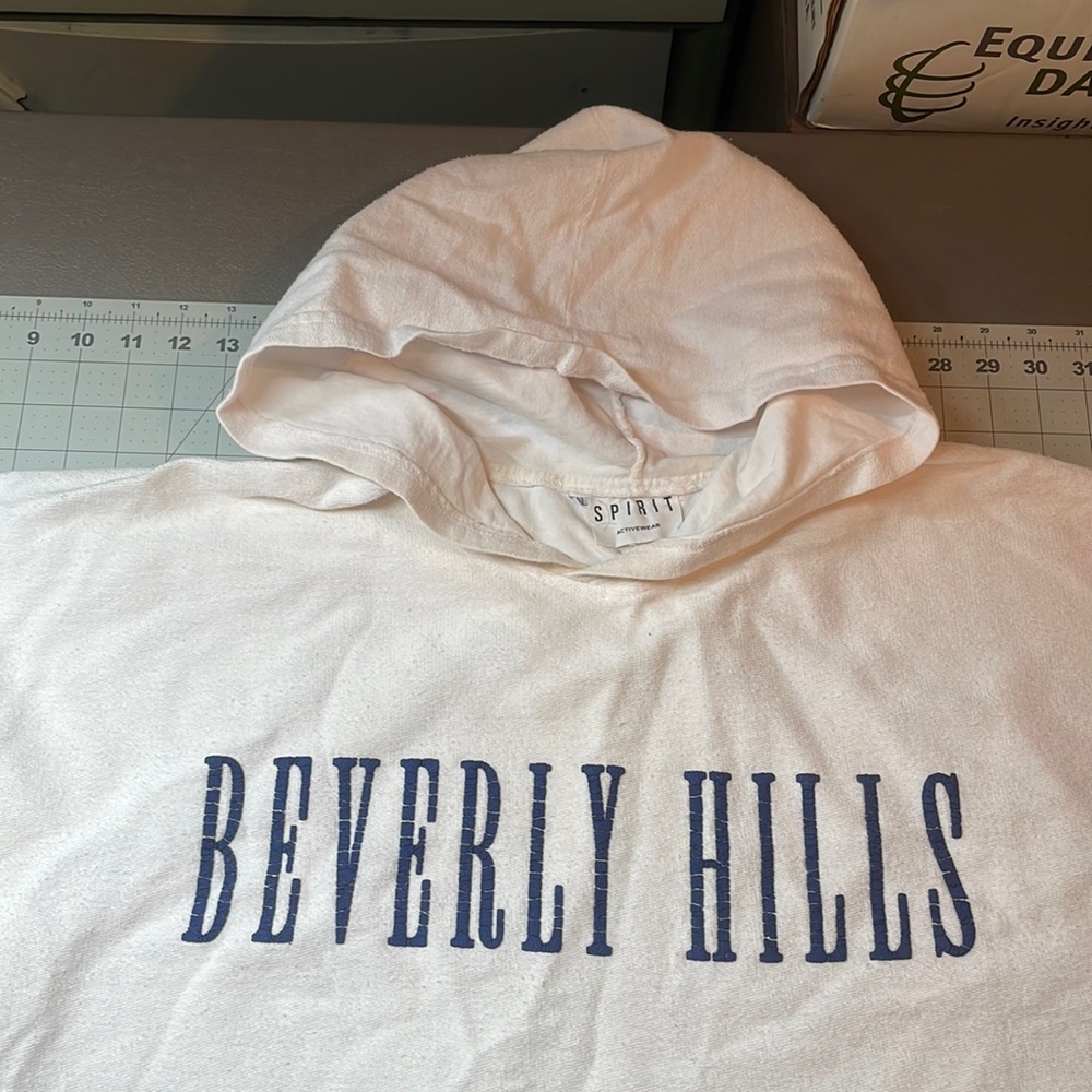Spirit Activewear M/L Cotton Hoodie. Beverly Hills Logo on Front. Off White.